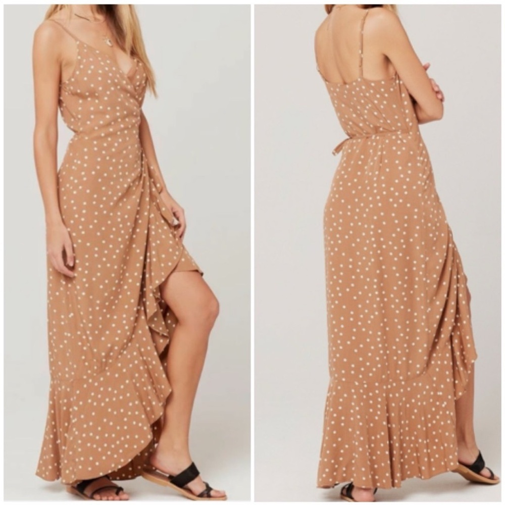 L*Space Wendy Tan and White Ruffled Wrap Maxi Dress Size Large